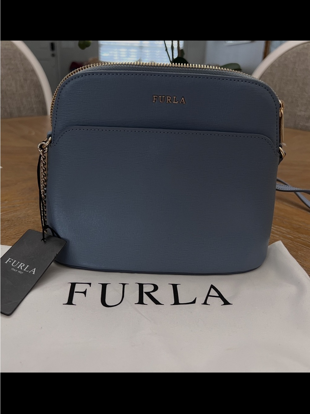 Furla Dusty Blue Saffiano Crossbody Bag with Gold Hardware